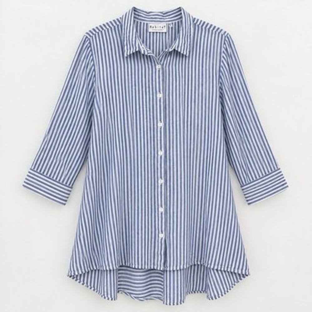 Habitat Clothes Textured Cotton Button Up Tunic XL Blue Striped Long Sleeve